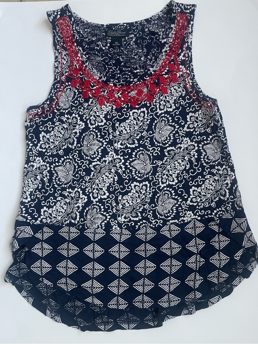 Lucky Brand XS Navy Floral Mixed Print Boho Embroidered Tank Top
